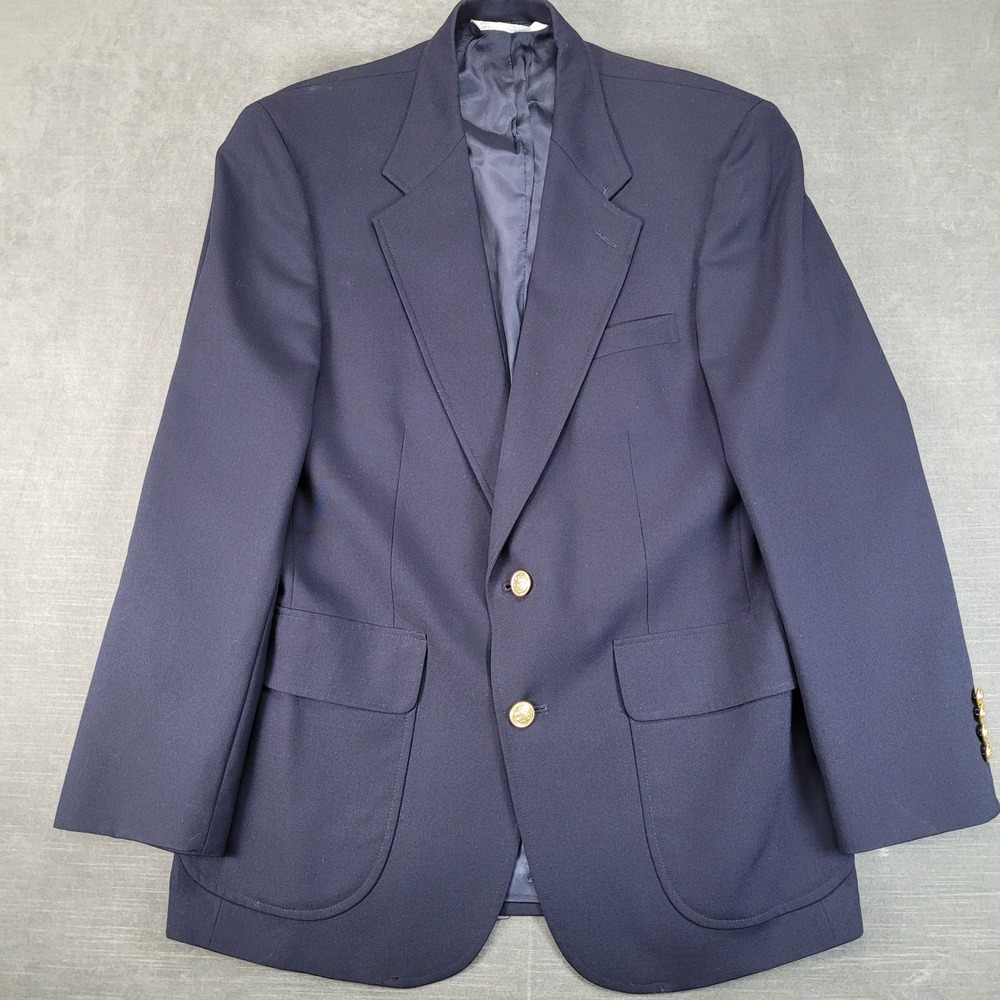 Lands End Blazer Mens 42 Navy Blue Gold Crest Button Hopsack Sport Coat USA